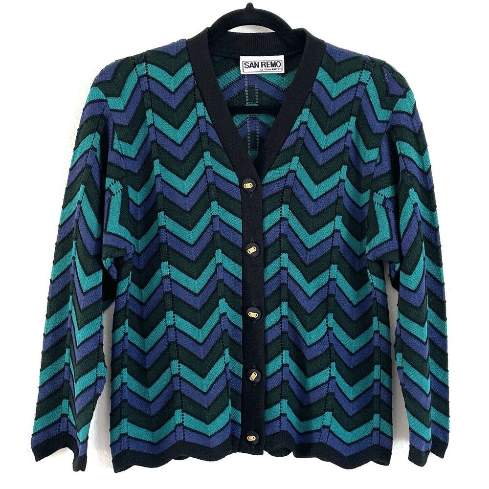 Vintage San Remo by Laura Knits Women Zig Zag Loose Knit Button Up Cardigan